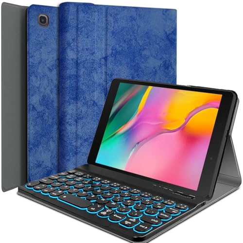 Wineecy Galaxy Tab A 8.0 2019 Keyboard Case[Backlit,SM-T290,SM-T295], 7 Color Light Detachable Wireless Keyboard with PU Folio Stand Cover for Samsung Tab A 8.0 inch 2019 SM-T290/T295, Blue