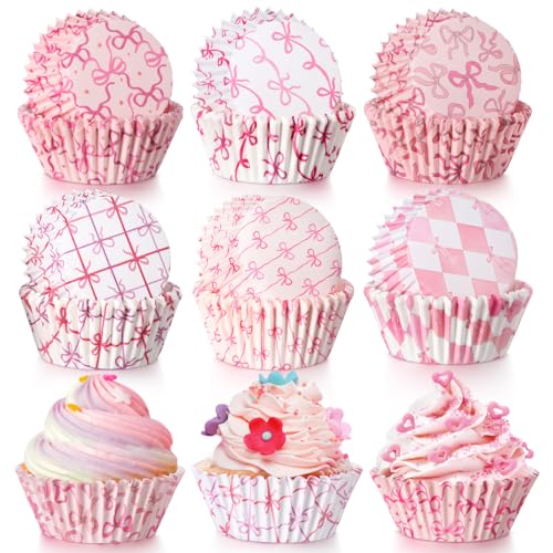 Reallnaive 300 Pcs Coquette Bow Party Cupcake Liner Favors Baking Cups Paper Bowknot Cupcake Muffin Wrappers Preppy Gift for Women Birthday Bridal Baby Shower Graduation Party Decor(Pink,Bow)