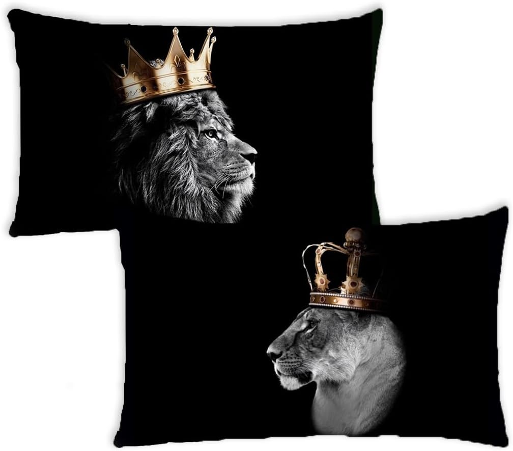 Wild Lion Pillow Covers Golden Crown Print King and Queen Pillowcases for Couples,No Filler(Lion,20x30in)