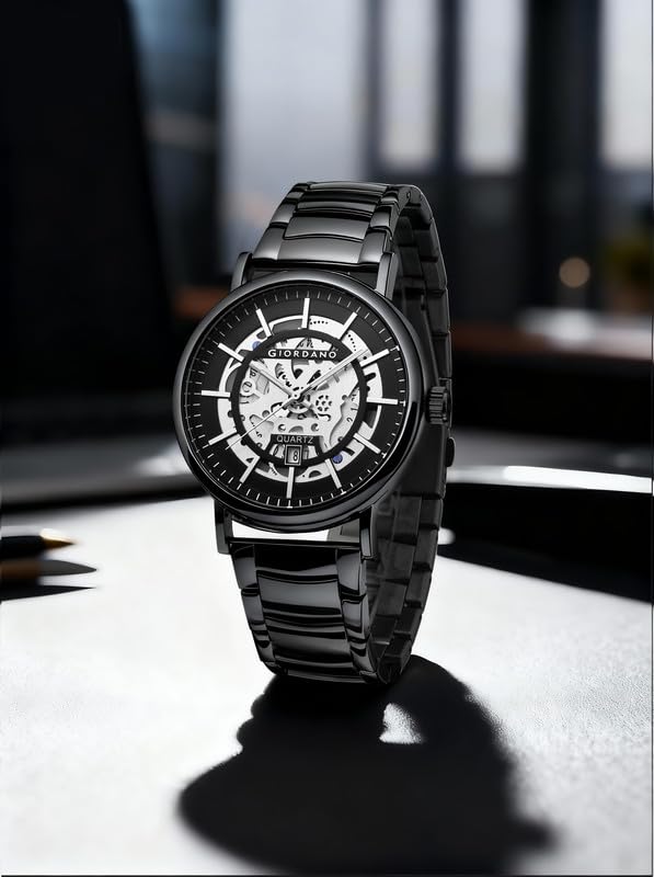 Image of Giordano Analog Quartz Watch for Men with Skeleton Round Dial, Date Function, Luminous Hands and Markers, Leather & Stainless Steel Strap - GZ-50182