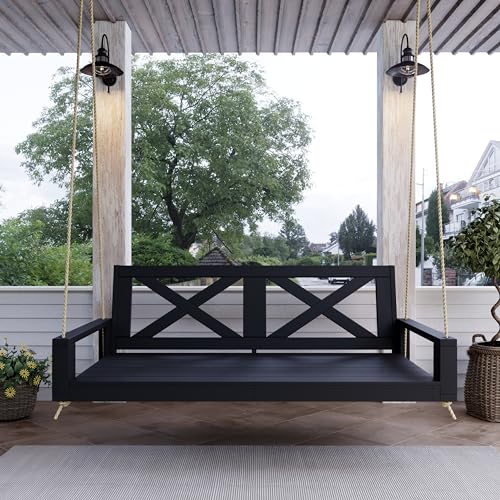 Image of Malvern 4 Foot Wood Porch Swing Bed in Black Paint, Amish Handcrafted Daybed Style Swing with 800 Lb. Weight Capacity