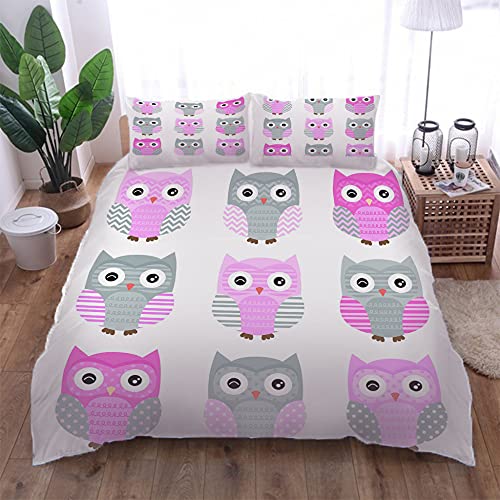 SKLHSIL Bedding Housse De Couette 3 Pièces 200X200Cm,Microfibre Réversible 2 Personnes Lit avec Fermeture Éclair Chouette De Dessin Animé 3D Imprimé Motif,avec 2 Taie d'oreiller 65X65 Cm Cover