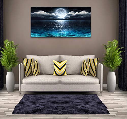 Image of Wall Art Moon Sea Ocean Landscape Picture Canvas Wall Art Print Paintings Modern Artwork for Living Room Wall Decor and Home Decor Framed Ready to Hang,2cm Thick Frame, Waterproof Artwork.