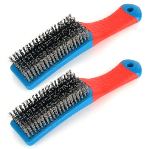 Image of 2 Pack Wire Brushes for Cleaning-Heavy Duty Stainless Steel Wire Scratch Brush for Metal Rust Cleaning,Paint Scrubbing with Rubber Covered Handle