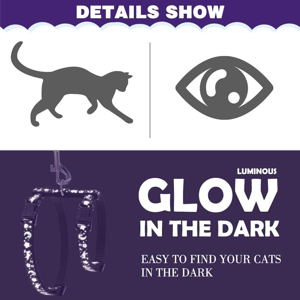 Cat Harness with Leash and Collar Set - Escape Proof Adjustable H-shped Cat Harness with Star and Moon Pattern Glow in The Dark for Kitty Outdoor Walking
