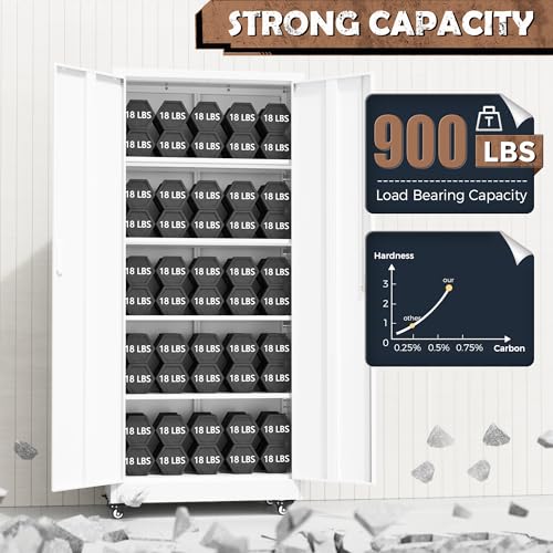 Image of INTERGREAT Metal Garage Storage Cabinet with Wheels, Rolling Storage Cabinet with Locking Doors and 4 Adjustable Shelves,- 73 inch Steel Tool Cabinet for Home Office,Garage,Warehouse,White
