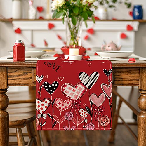Artoid Mode Red Love Hearts Leaves Mother's Day Table Runner, Seasonal Holiday Kitchen Dining Table Decoration For Home Party Indoor 13X72 Inch #TOP25
