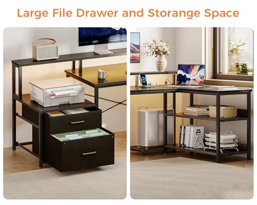 ODK L Shaped Desk with File Drawer, 75" Reversible L Shaped Computer Desk with Power Outlet & LED Strip, Office Desk with Storage Shelves, Gaming Desk with Monitor Shelf, Corner Desk, Black - Image 5