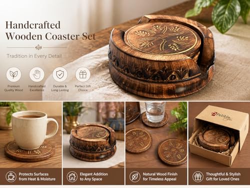 Image of Premium Round Wooden Coasters Set of 6 with Holder | Mango Wood Tea & Coffee Coaster Set for Table Protection & Home Decor | Cup Coaster Set for Dining Table