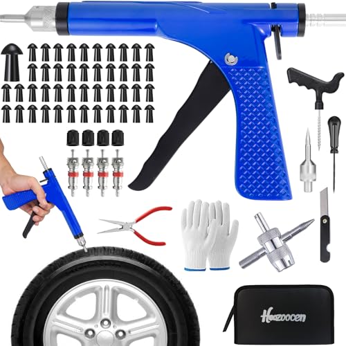 Hoozoocen Tubeless Tire Gun Puncture Repair Kit with 20 Mushroom Plugs, for Tire Punctures and Flats on Cars, ATV, Trucks, Motorcycles & Tractors,Quick Repair, Airtight Seal（Blue）