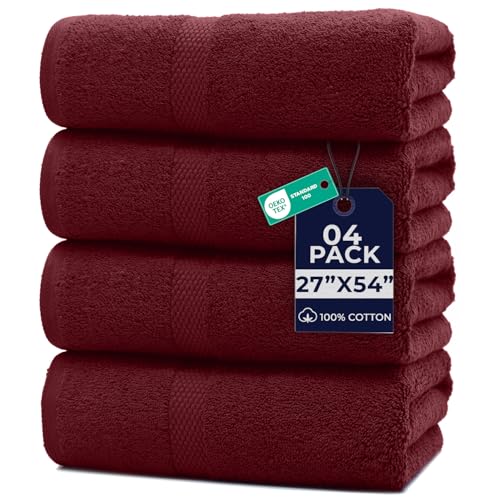 Image of DAN RIVER Bath Towels Set of 4, 27 x 54 Inches, 100% Cotton, Larger & Lighter Weight, Quicker to Dry, Super Soft and Absorbent, Ideal Soft Bath Towels for Daily Use, Pomegrante
