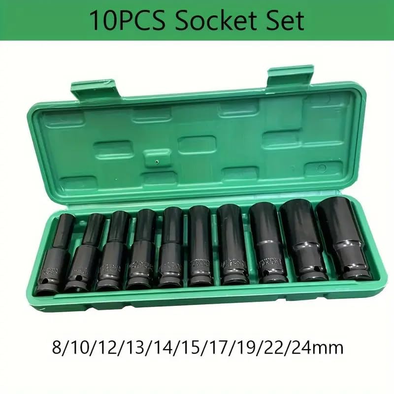 Image of Harboan 10 Pieces 1 /2-Inch Square Drive 78mm Deep Impact Socket Hex Set, 6-Point Standard Metric Sizes CR-V Steel 10mm to 24mm