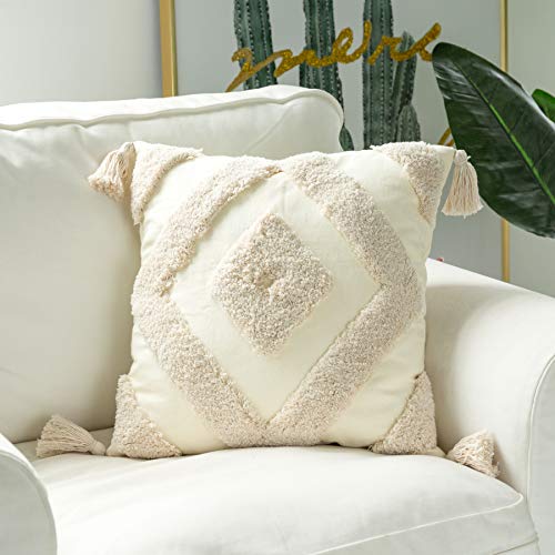 Woven Tufted Boho Throw Pillow Cover Set Of 2, Modern Decorative Geometric Diamond Chevron Cushion With Tassels, Farmhouse Tribal Pillowcase For Couch Sofa Bedroom Living Room, 18 X 18 Inches, Ivory #TOP3