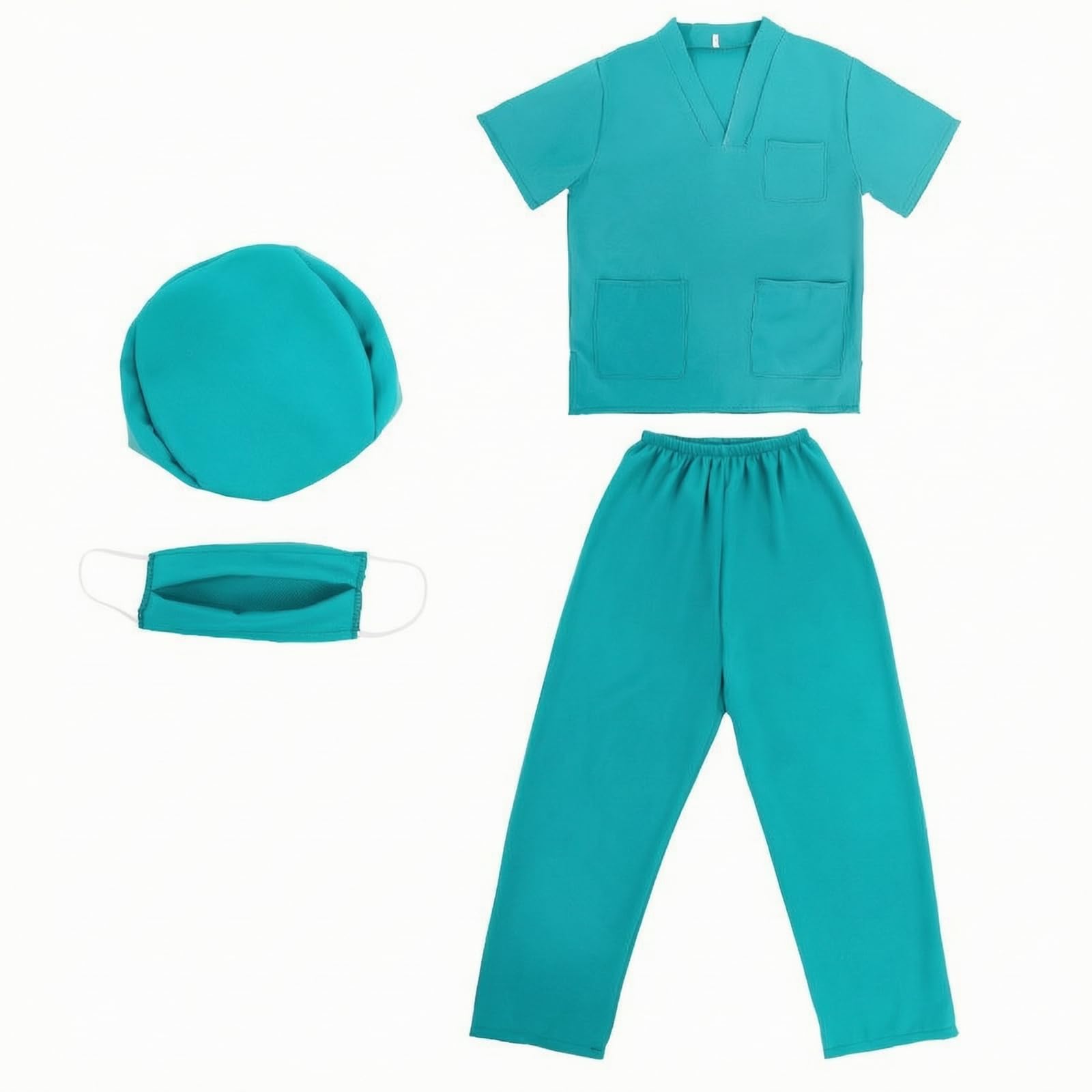 Kinder-Arztkostüm aus Polyester elastischer Bund OP-Kostüm mit Hose und Kappe realistisch Krankenschwesterkostüm für Schultheater, Fasching, Grün, 110CM