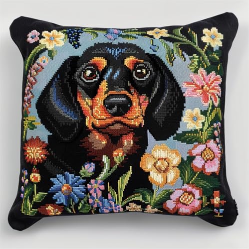 Coussin point de croix Teckel broderie DIY pour salon cocooning