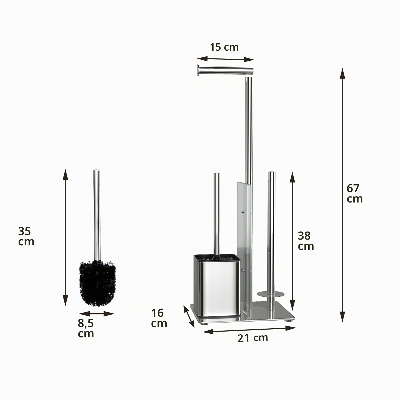 Porte Papier Toilette avec Brosse WC - Support Papier Toilette Debout en Acier Inoxydable avec Brosse de Toilette, Amovible, Porte Papier Toilette avec Verre, Pied Aucun Perçage Requis (Argenté)