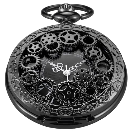 Black Gear Hollow Pattern Pocket Watch Black Roman Numeral Scale Quartz Pocket Watches for Men