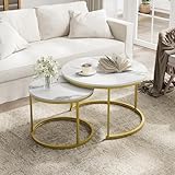Smuxee White Nesting Coffee Table Set of 2, 27.6' Round Coffee Table Wooden Marble Pattern with Adjustable Non-Slip Feet, Industrial End Table for Living Room Bedroom Balcony