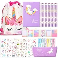 Unicorn Stationery Set with Notebook A5 and Pencil Case, TOYESS Cute Unicorn Gifts Stocking Filler for Girls, Include Drawstring Bag, Stickers, Pencils and Unicorn Pens, Purple (32pcs)