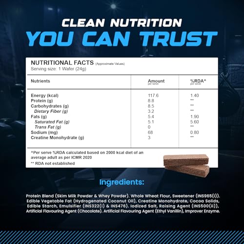 Image of Wellcore - Creatine Wafer Bar | Chocolate Flavour (Pack of 10) | No Added Sugar | 3g Creatine Monohydrate | 8g Protein | For Increased Muscle Growth & Recovery | 100% Vegetarian