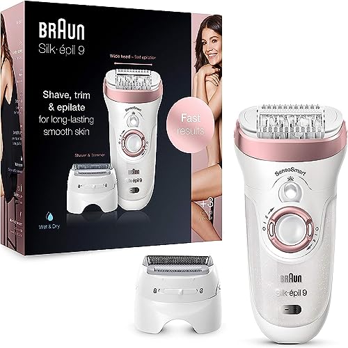 Braun Silk-épil 9 Epilierer Damen für Haarentfernung, Aufsätze für Rasierer und Massage für Körper, Tasche, Geschenk für Frauen, 9-720, weiß/rose gold