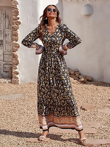 Prettygarden Long Dress Long Sleeve - Floral Button V Neck Casual Spring Boho Maxi Dresses (Black Yellow,X-Large) #TOP2