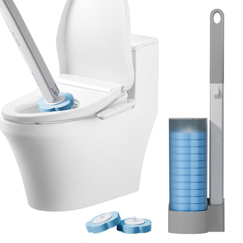 Topbashgo Disposable Toilet Cleaning System, Toilet Brush with Disposable Sponge Heads, Grey