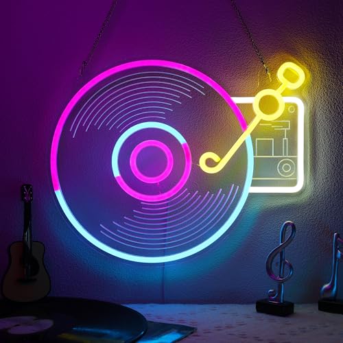 YuanDian Plattenspieler Neon-Schild, dimmbare Musik LED-Licht-Zeichen USB betrieben f&uuml;r Schlafzimmer Bar Club Musikstudio Wanddekoration, Geburtstag Party Geschenke f&uuml;r Musikliebhaber