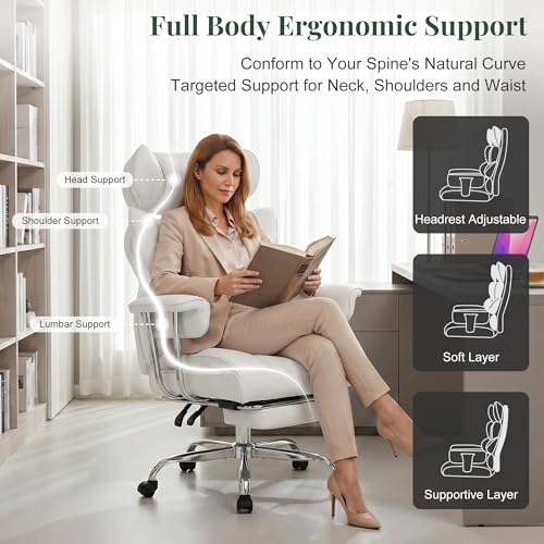 Image of Big and Tall Office Chair 400 LBS, Scratch-Resistant PU Leather Executive Ergonomic Desk Chair with Footrest, Lumbar Support, Wide Reclining Computer Seat for Home Office, Beige