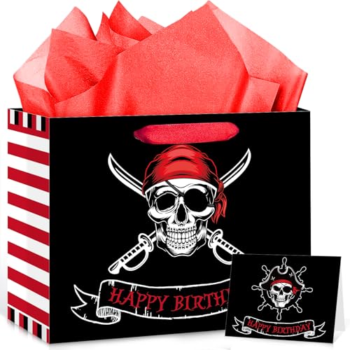 Yomaiha Pirate Birthday Gift Bag with Tissue Paper and Greeting Card