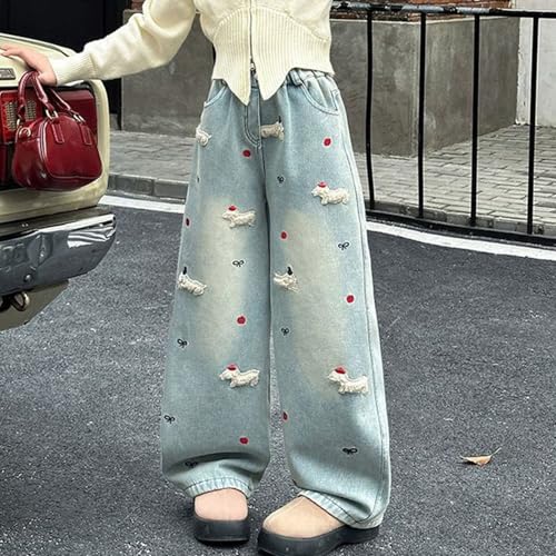 Teens Girls Trendy Vintage Jeans Patchwork Stripes Elastic High Waist Cuffed Jeans Floor Length Jeans 10-12 Girls Trendy3