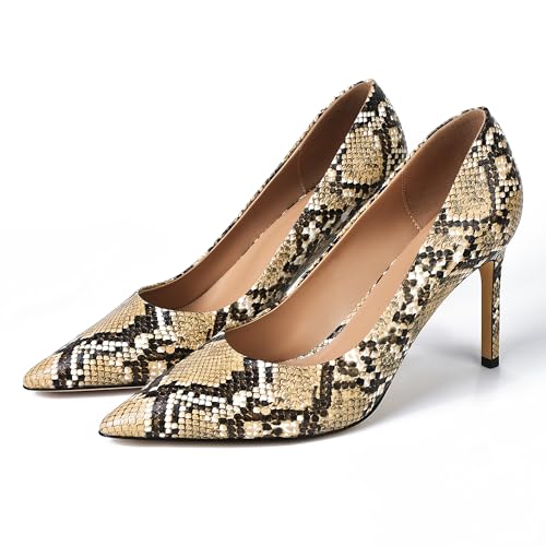 XINIUNIU Snake Skin Heels for Women Synthetic Printing Snakeskin Pumps Pointed Toe Kitten Stiletto Slip On Closed Toe Dress Shoes 3.5 Inch2