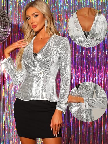 Allegra K Sequin Jacket for Women's Lapel Blazer 1 Button Long Sleeves Halloween Sparkle Party Jacket2