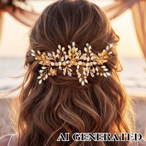 Image of Evild Rhinestone Wedding Hair Comb Leaf Bead Bride Headpieces Hair Clip Crystal Bridal Headdress Flower Wedding Hair Accessories for Brides and Bridesmaids (Gold)