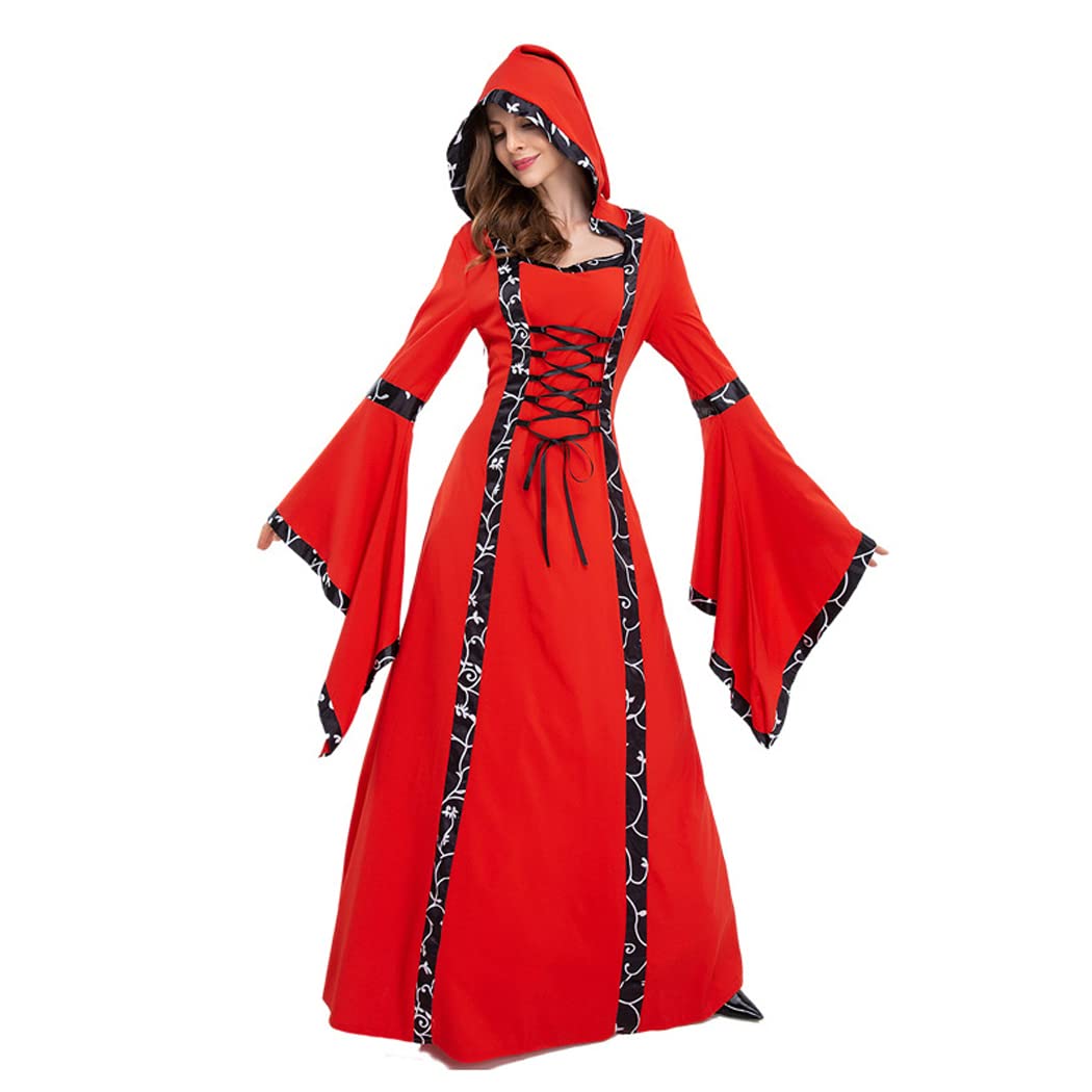 Kobiety Halloween retro kostium sądowy średniowieczny gotycki trąbka rękaw sukienka z kapturem dla dorosłych przebranie na karnawał akcesoria