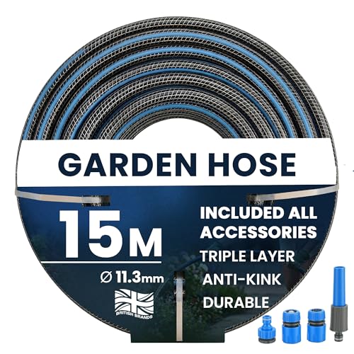 My Garden Hose Pipe 15m Anti Kink Hosepipe Inc 4 Connectors - 11.3mm Dia - Durable Triple Layer Water Hose with Spray Nozzle Weather Resistant Kink Free Hose Ideal for Home & Garden