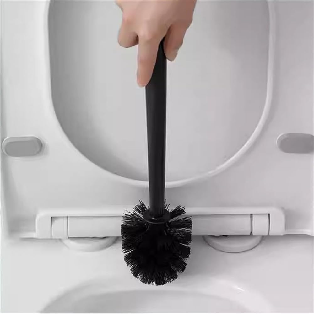 Juego de escobilla de inodoro con base estable, diseño redondo negro, mango largo, cepillo de plástico para limpieza de suelos, accesorio esencial de baño