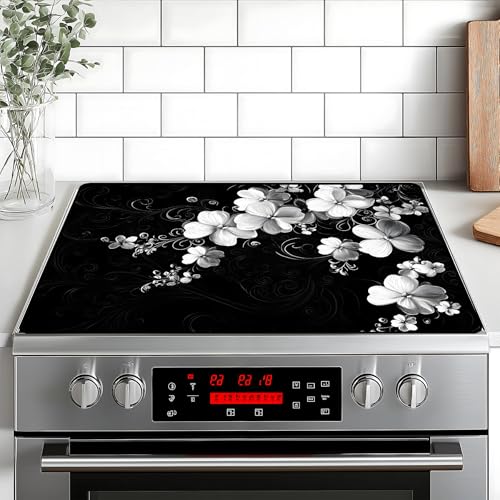 Image of Stove Top Cover Retro Flower Gas Stove Top Cover for Home Decoration Kitchen Pad Non-Stick Washable Cooktop Covers Countertop Protector Keep Stove Clean 28 inchx20 inch (White flower-2)
