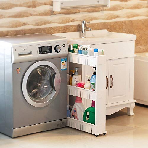Ebee 3 Layer Storage Organizer Slim Plastic Rack Shelf with Wheels - White, Plastic Shelves - Image 5 thumbnail