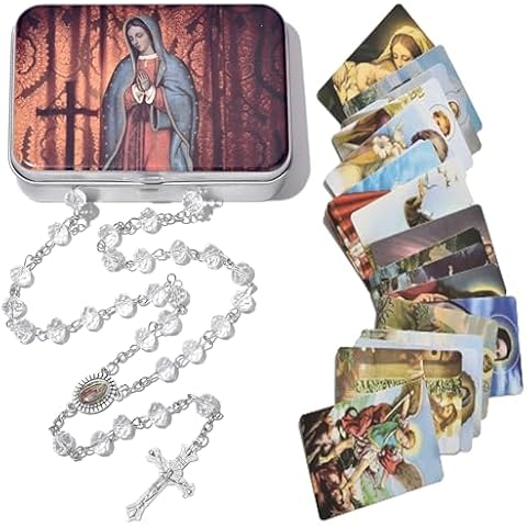 SZQCZB Rosary Crystal Bead Catholic Necklace Holy Soil Medal Cross Crucifix Rosary with Metal Box and 18Pcs Holy Card-White Cover