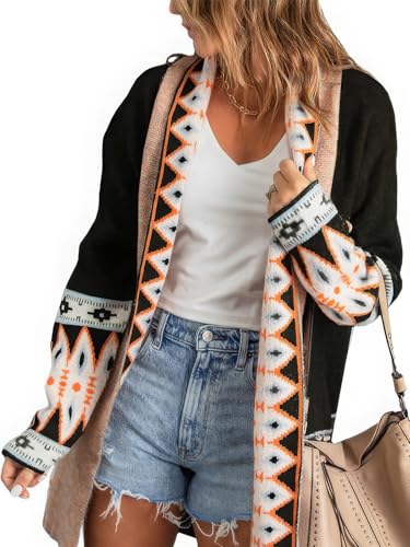 ebossy Women's Fashion Aztec Print Jacquard Knit Open Front Cardigan Lapel Long Sleeve Boho Graphic Long Sweater Coat2