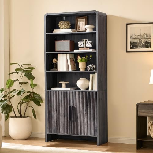 Image of AMERLIFE 71 inch Modern Bookcase with Storage Cabinet, 6-Tier Bookshelf with 3 Adjustable Shelves & Fluted Doors, Wood Curved Display Cabinet for Living Room, Dining Room, Home Office, Dark Grey