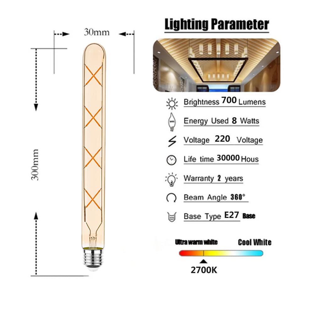 E27 T30-300mm Bombillas LED Edison Vintage 8W(Equivalente Bombilla Halógena 70W)700LM Blanco Cálido 2700K No Regulable E27 Tubos Retro de Vidrio Ámbar,10 Paquetes