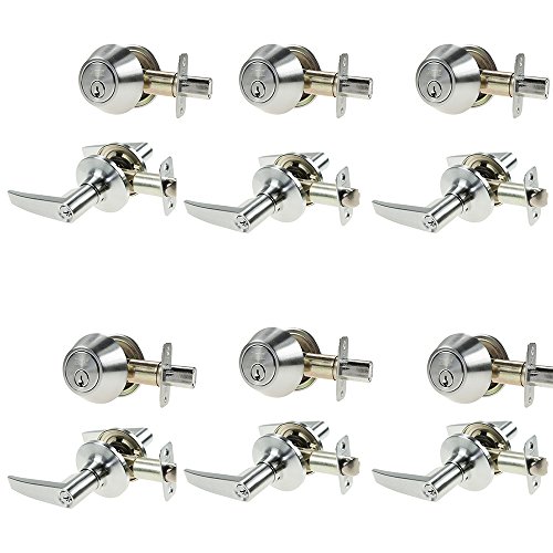 6 Sets of NuSet Keyed Alike Entry Lever Lock with Single Cylinder Deadbolt Combo in Satin Chrome
