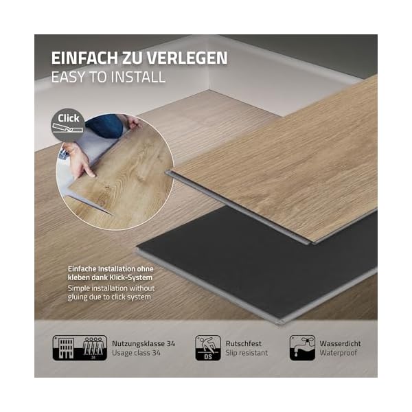 ML-Design Deluxe PVC Bodenbelag, Click Vinyl-Dielen, Vinylboden, 122 cm x 18 cm x 4,2 mm, Dicke 4,2 mm, 1,54m²/7 Dielen, Golden Hour Eiche, Braun, Holzoptik, rutschfest, wasserfest, Einfache Verlegung – Bild 4