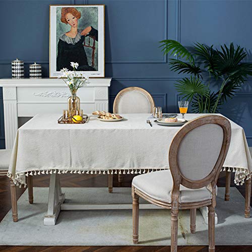 Amzali Tablecloth, Washable Cotton Linen Tablecloths Fabric Tassel Tablecloth Dust-Proof Embroidery Table Cover For Kitchen Dinning Farmhouse Tabletop Home Decoration (Square, 55 X 55 Inch, Classic) #TOP3