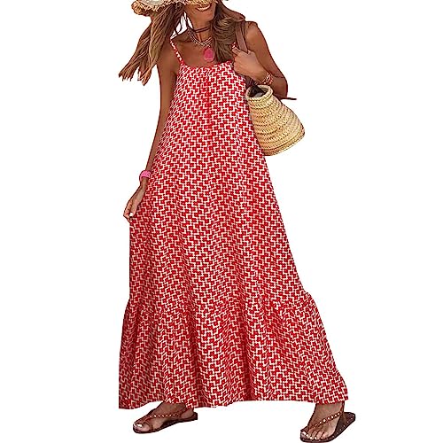 Finegoodwei Vestido longo casual com alças finas 2023 estampa boêmia verão sem mangas vestido maxi s