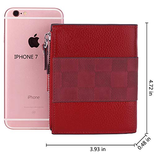 AINIMOER Women's RFID Blocking Leather Small Compact Bi-fold Zipper Pocket Wallet Card Case Purse(Stitched Wine)