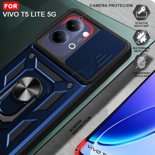 Image of AESTMO Tough Armor Vivo T5 Lite 44W 5G Bumper Back Case Cover | Ring Holder & Sliding Camera Shield Cover | 360 Degree Protection Back Case Cover for Vivo T5 Lite 44W 5G (Blue)
