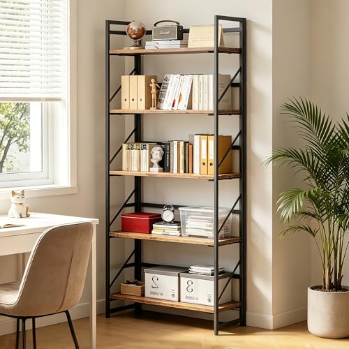 Image of JSB No Assembly Folding Bookshelf, 5 Tier Industrial Metal Book Shelf for Storage, Vintage Wood Foldable Bookcase for Living Room, Bedroom, Office Organization Shelves
